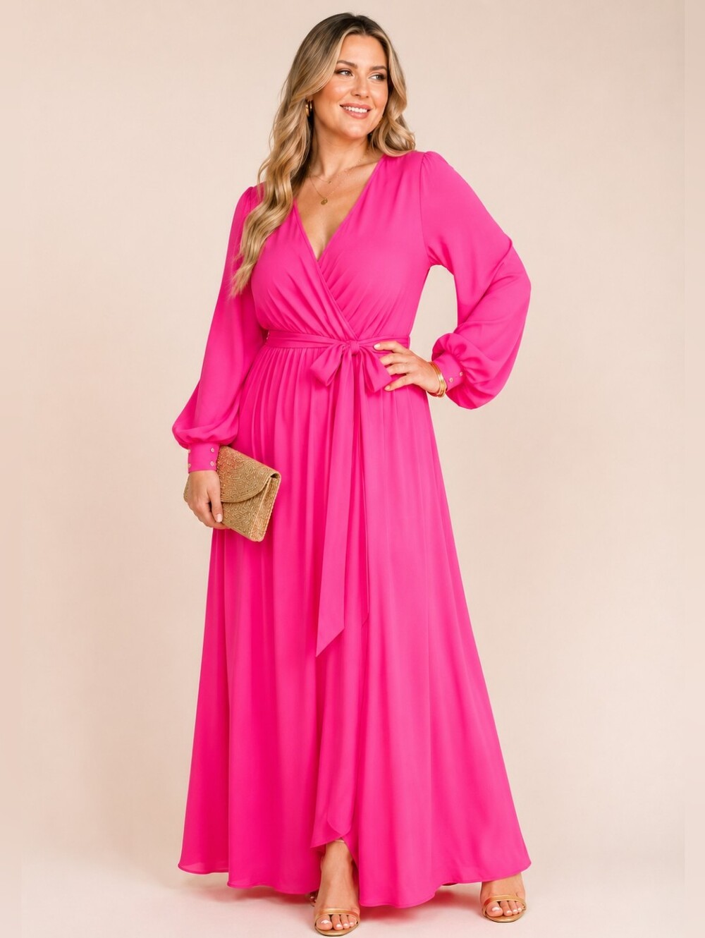 NWT Meghan LA Fuchsia Wrap w/ Tie Waist Long Sleeves Buttoned Cuffs Maxi Dress
